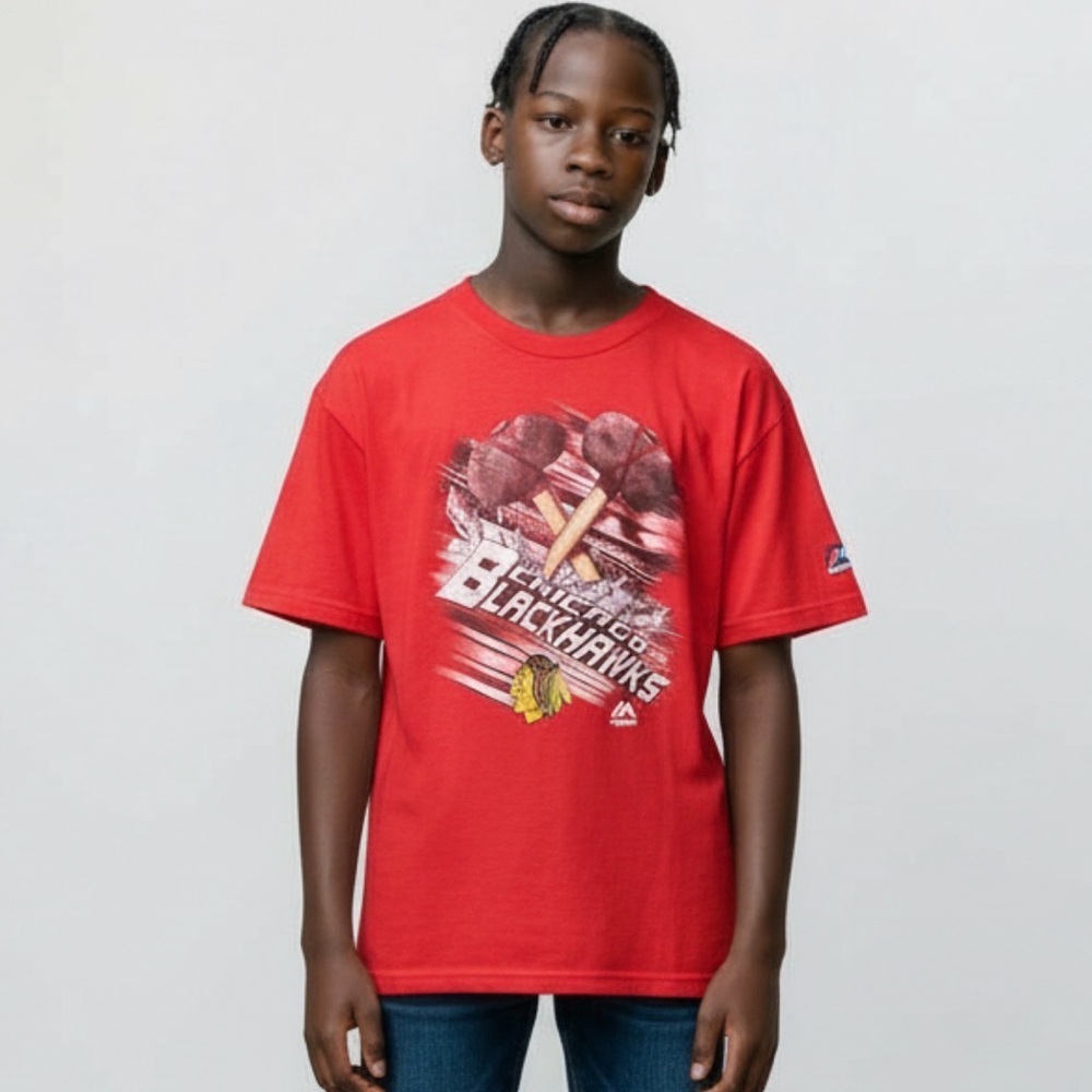 Majestic Vintage Chicago Blackhawks T-shirt Red Tomahawk Kids Youth Size M